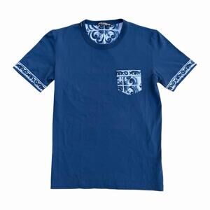 Dolce & Gabbana Navy Blue Majolica Cotton Contrast Print Detail T-Shirt Sz US 10